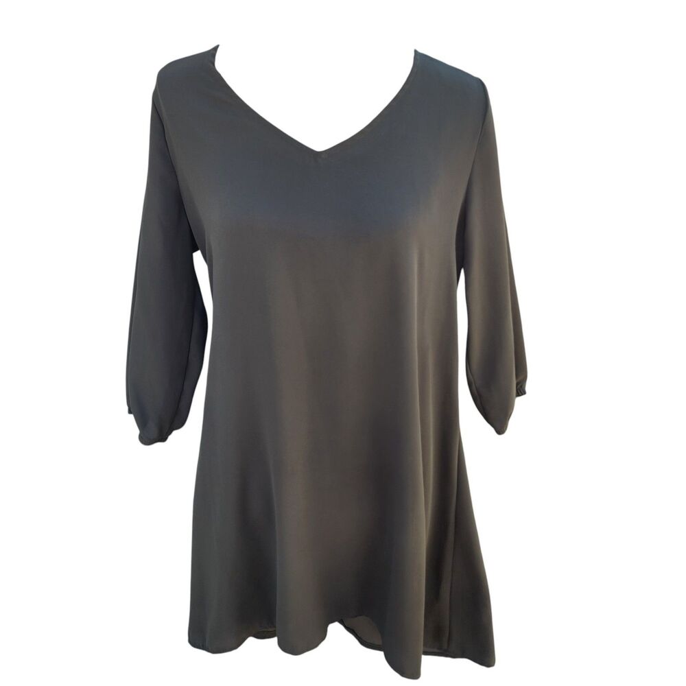 Zenana Outfitters Olive Green Shift Dress V Neck 3/4 Sleeve Minimalist M